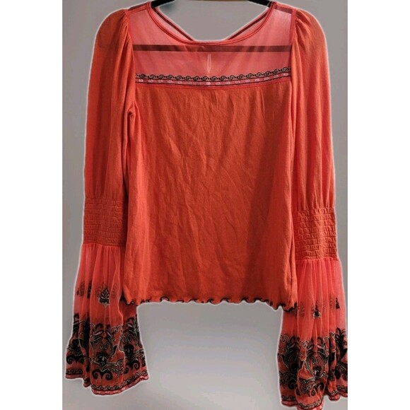 Free People High Tides Embroidered Mesh Bell Sleeve Top Coral Boho Sheer Size S - Picture 2 of 13